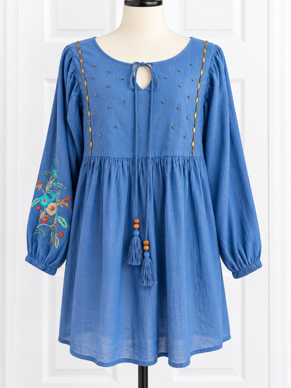 NWT Blue Embroidered Boho Tunic Dress XL Beaded Tassel Long Sleeve